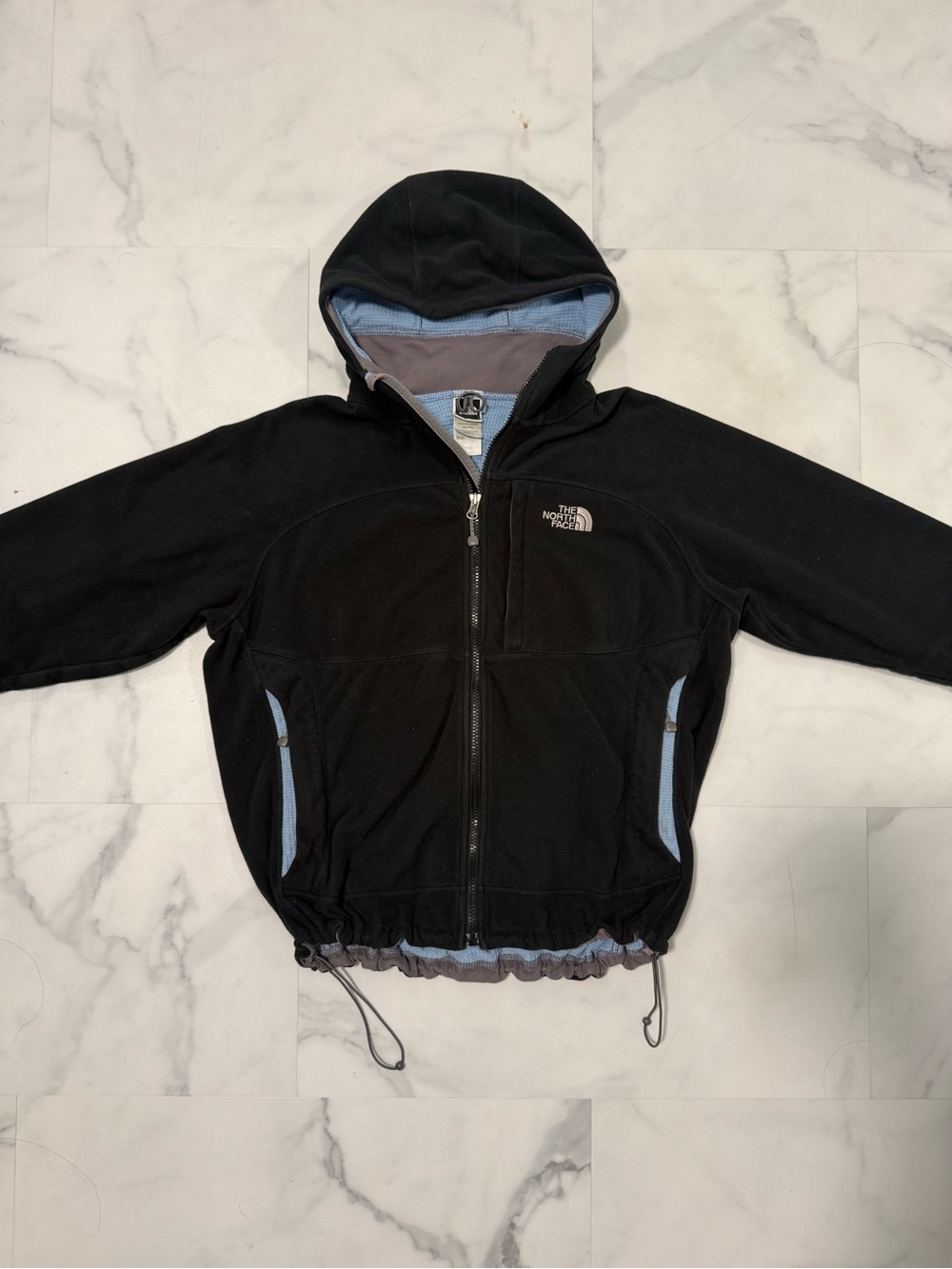 The North Face Women’s Black Hooded Fleece Jacket with Light Blue Accents